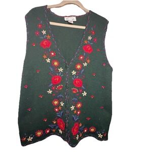 Erika Vintage Green Floral Embroidered Button‎ Cardigan Sweater Women Large
